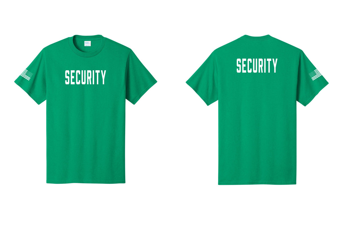 NYC Factory Security T-Shirt, Condensed Lettering - Front + Back + US Flag Sleeve - Kelly