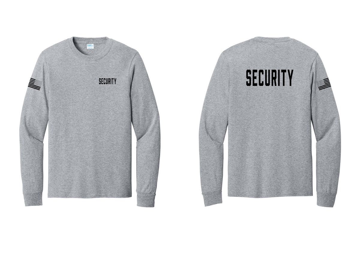 NYC Factory Security Cotton Long Sleeve T-Shirt (Classic) - Chest + Back + US Flag Sleeve - Athletic Heather