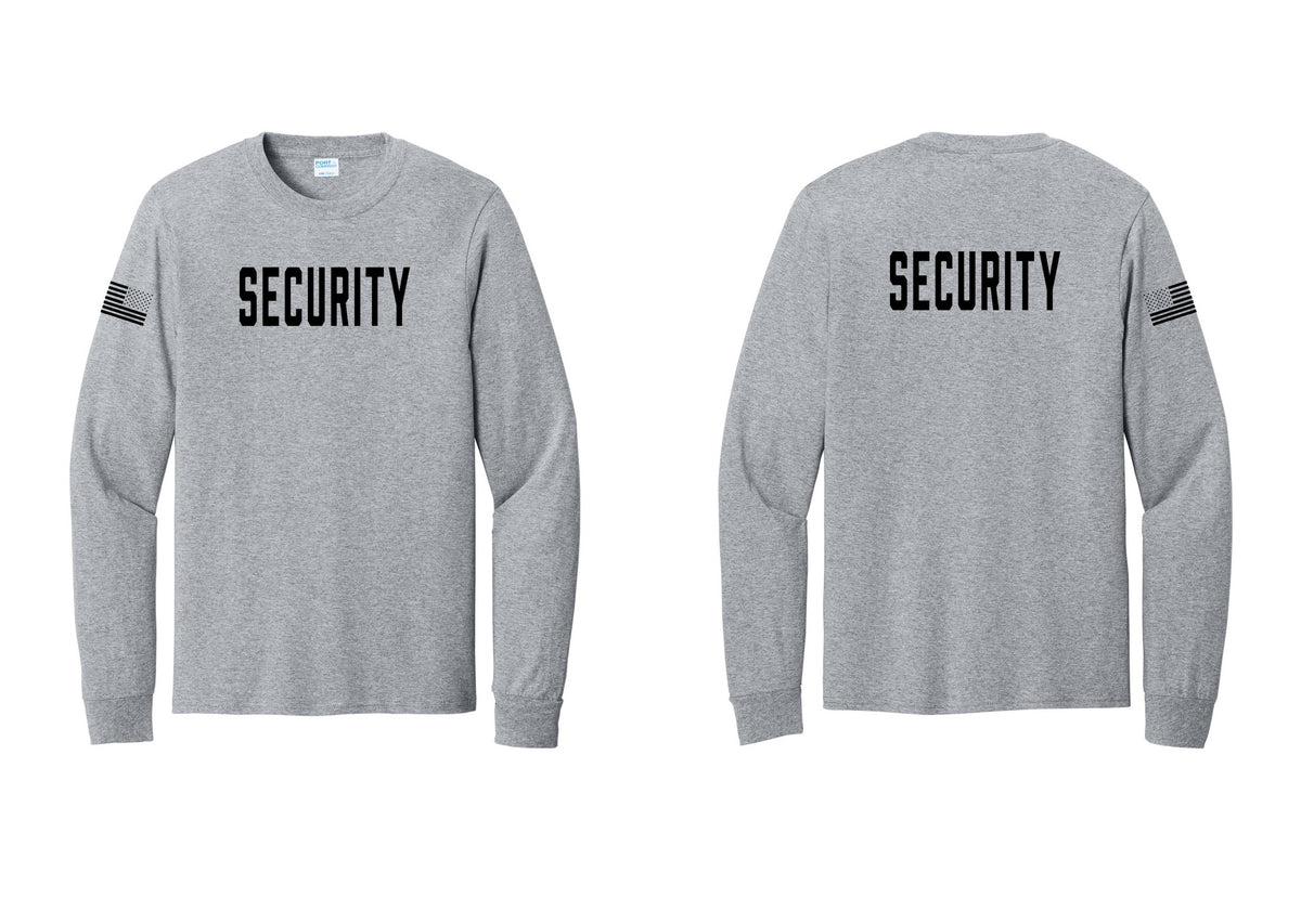 NYC Factory Security Cotton Long Sleeve T-Shirt (Classic) - Front + Back + US Flag Sleeve - Athletic Heather