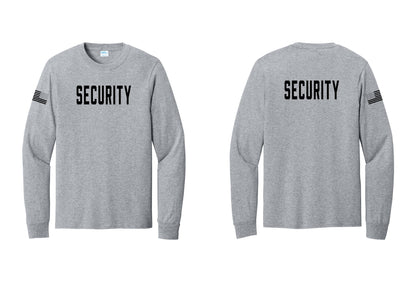NYC Factory Security Cotton Long Sleeve T-Shirt (Classic) - Front + Back + US Flag Sleeve - Athletic Heather