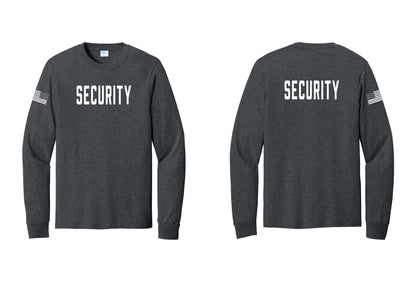 NYC Factory Security Cotton Long Sleeve T-Shirt (Classic) - Front + Back + US Flag Sleeve - Dark Heather Grey