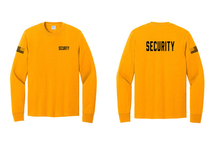NYC Factory Security Cotton Long Sleeve T-Shirt (Classic) - Chest + Back + US Flag Sleeve - Gold