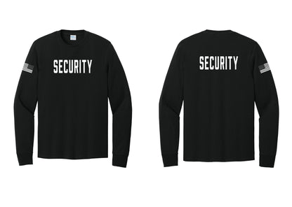 NYC Factory Security Cotton Long Sleeve T-Shirt (Classic) - Front + Back + US Flag Sleeve - Black