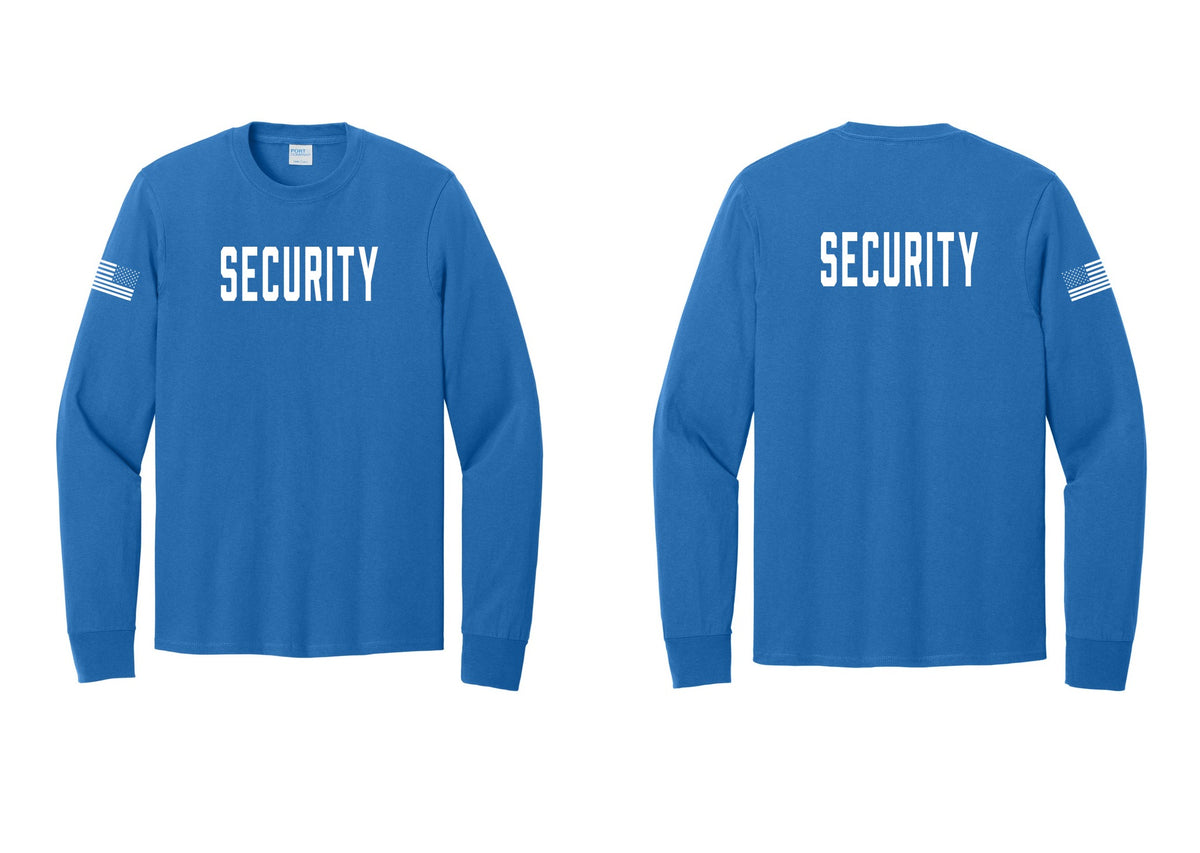 NYC Factory Security Cotton Long Sleeve T-Shirt (Classic) - Front + Back + US Flag Sleeve - Royal