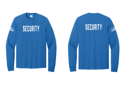 NYC Factory Security Cotton Long Sleeve T-Shirt (Classic) - Front + Back + US Flag Sleeve - Royal