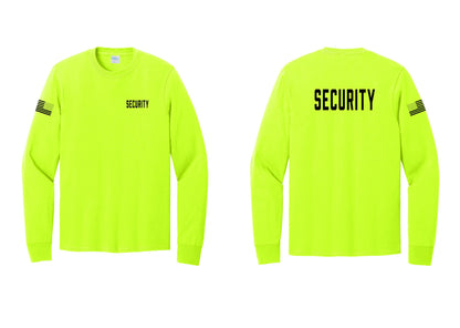 NYC Factory Security Cotton Long Sleeve T-Shirt (Classic) - Chest + Back + US Flag Sleeve - Safety Green