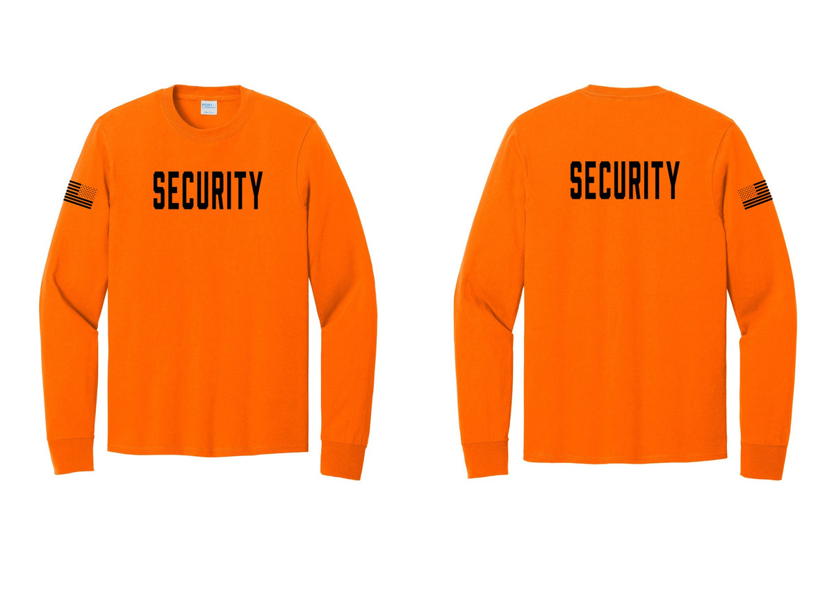 NYC Factory Security Cotton Long Sleeve T-Shirt (Classic) - Front + Back + US Flag Sleeve - Safety Orange