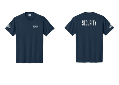 NYC Factory Security T-Shirt, Condensed Lettering - Chest + Back + US Flag Sleeve - Navy