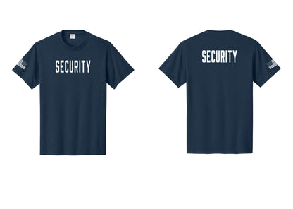 NYC Factory Security T-Shirt, Condensed Lettering - Front + Back + US Flag Sleeve - Navy