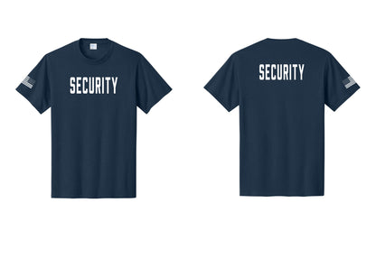 NYC Factory Unisex Security Black T-Shirt - Front + Back + US Flag Sleeve - Navy