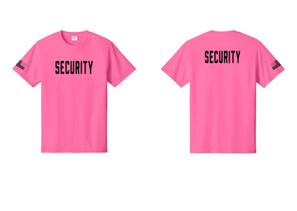 NYC Factory Unisex Security Black T-Shirt - Front + Back + US Flag Sleeve - Neon Pink
