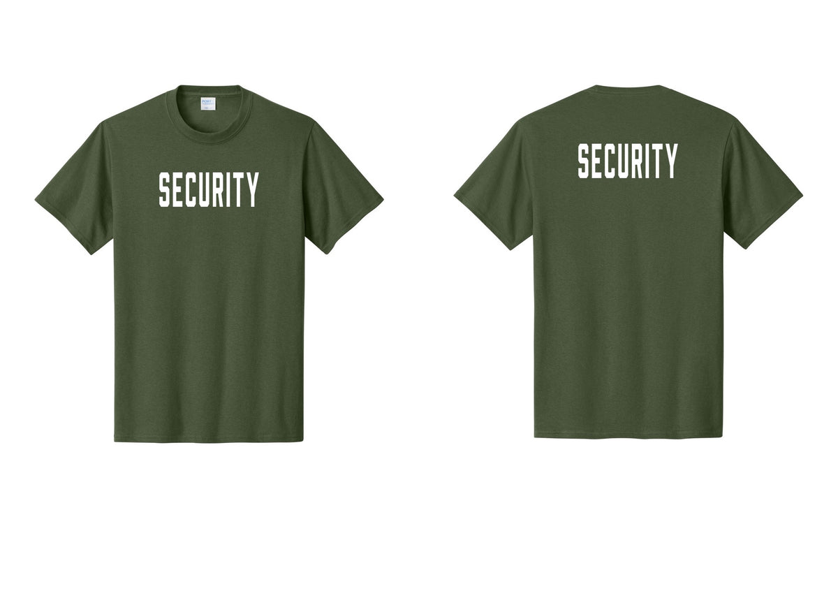 NYC Factory Security T-Shirt, Condensed Lettering - Front + Back - Olive