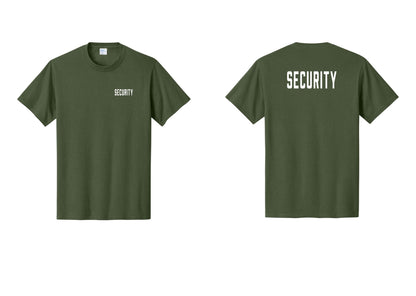NYC Factory Security T-Shirt, Condensed Lettering - Chest + Back - Olive