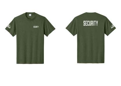 NYC Factory Unisex Security Black T-Shirt - Chest + Back + US Flag Sleeve - Olive