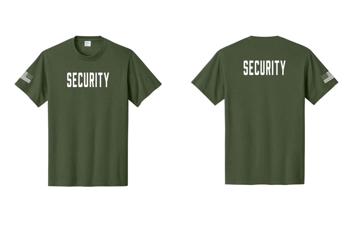 NYC Factory Security T-Shirt, Condensed Lettering - Front + Back + US Flag Sleeve - Olive