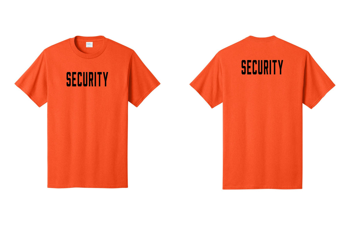 NYC Factory Security T-Shirt, Condensed Lettering - Front + Back - Orange