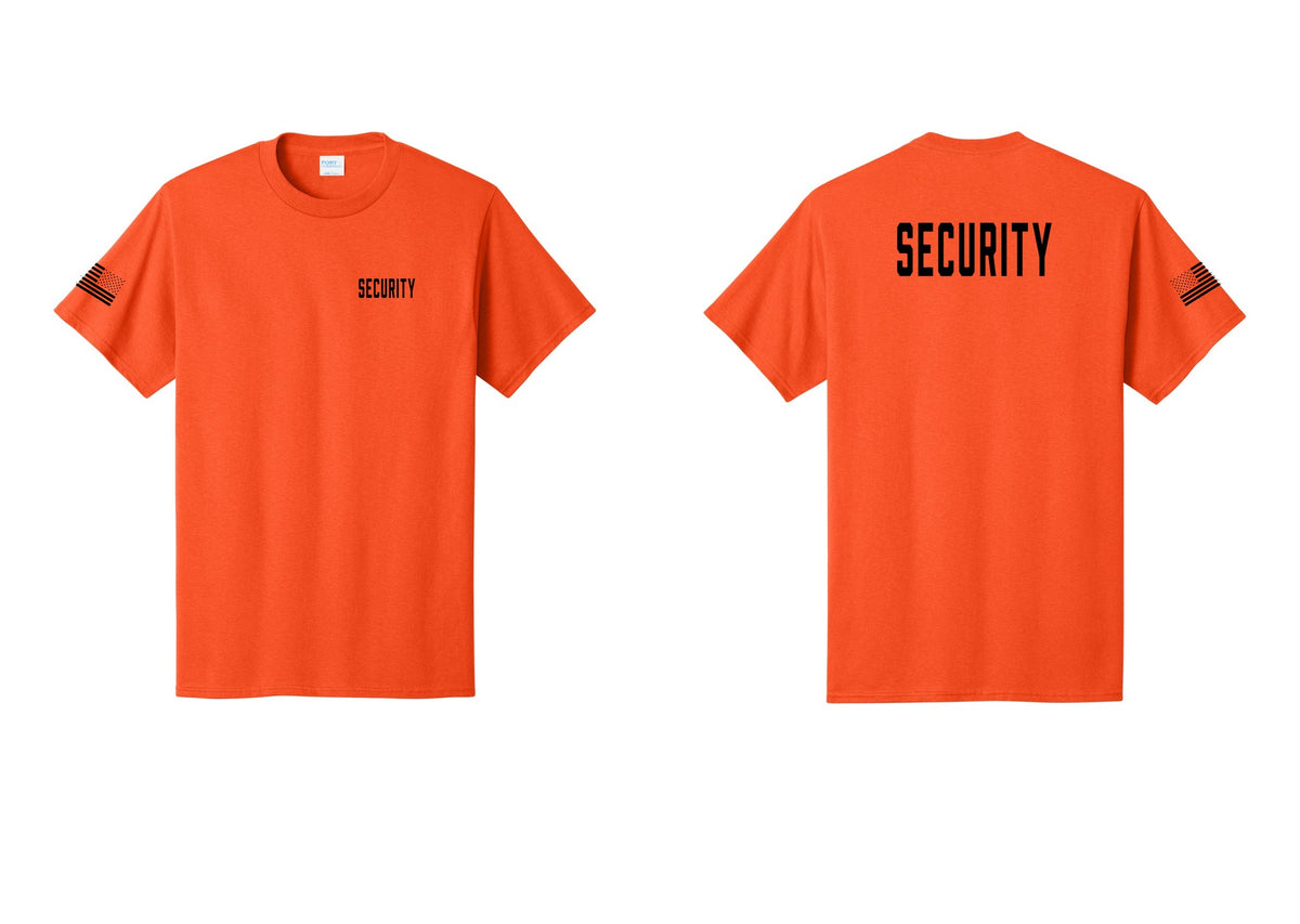 NYC Factory Security T-Shirt, Condensed Lettering - Chest + Back + US Flag Sleeve - Orange