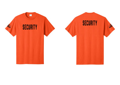 NYC Factory Security T-Shirt, Condensed Lettering - Front + Back + US Flag Sleeve - Orange