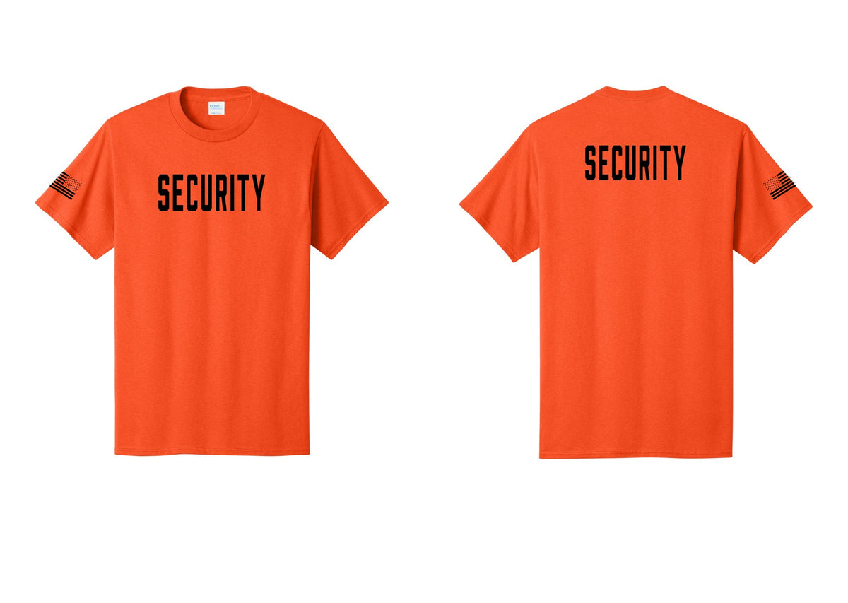 NYC Factory Unisex Security Black T-Shirt - Front + Back + US Flag Sleeve - Orange