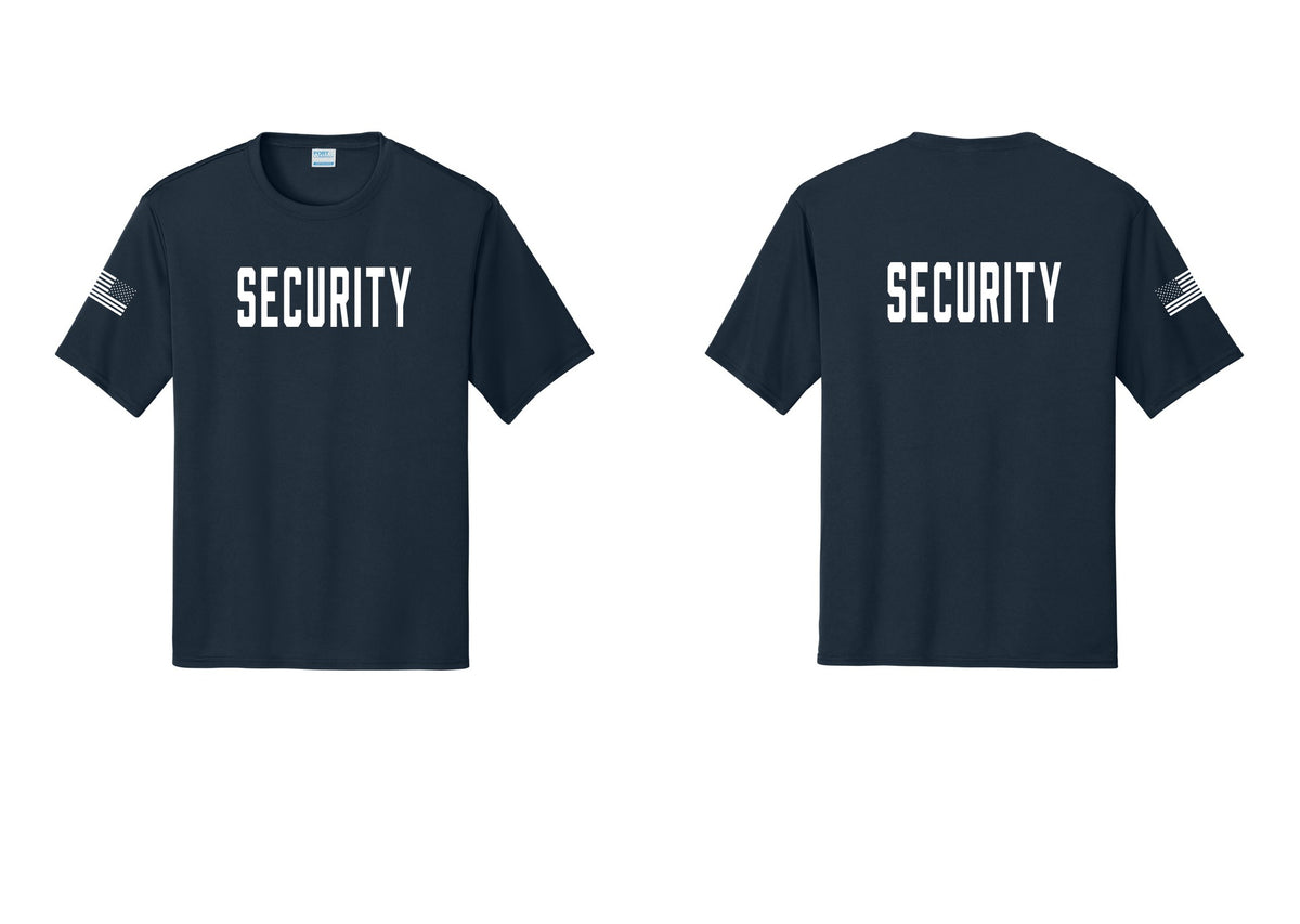 NYC Factory Security Performance T-Shirt (Classic) - Front + Back + US Flag Sleeve - Navy