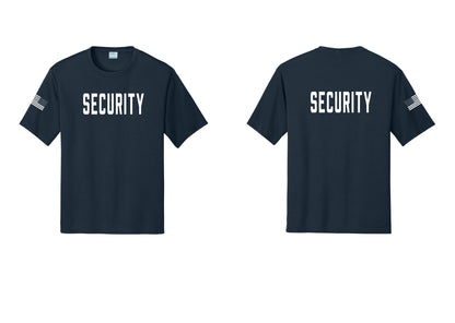 NYC Factory Security Performance T-Shirt (Classic) - Front + Back + US Flag Sleeve - Navy