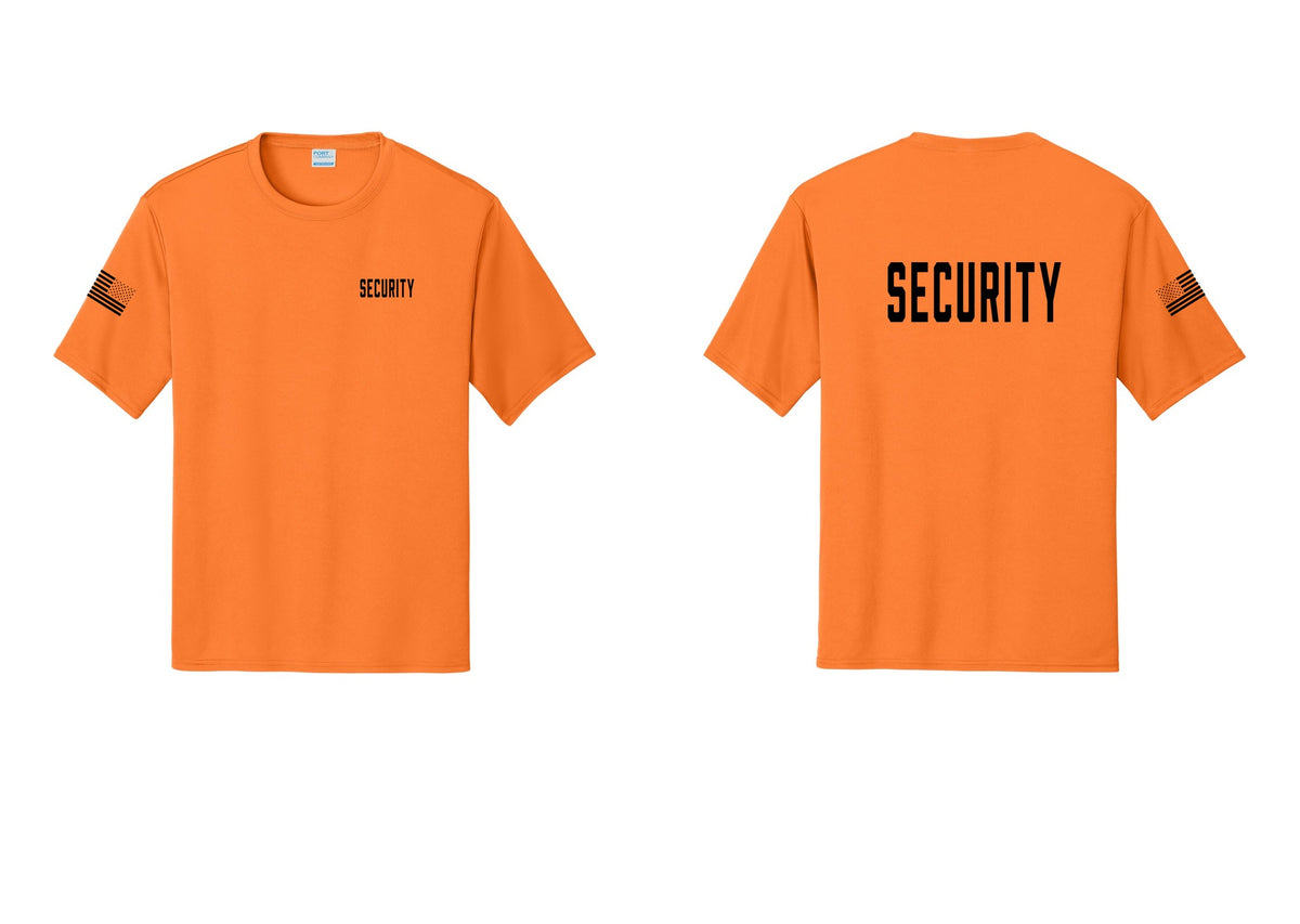 NYC Factory Security Performance T-Shirt (Classic) - Chest + Back + US Flag Sleeve - Neon Orange