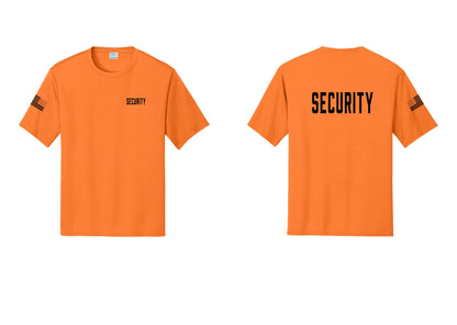 NYC Factory Security Performance T-Shirt (Classic) - Chest + Back + US Flag Sleeve - Neon Orange