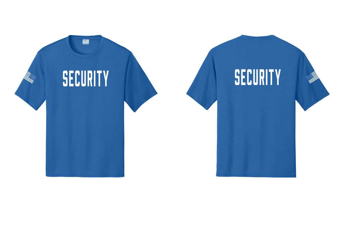 NYC Factory Security Performance T-Shirt (Classic) - Front + Back + US Flag Sleeve - Royal