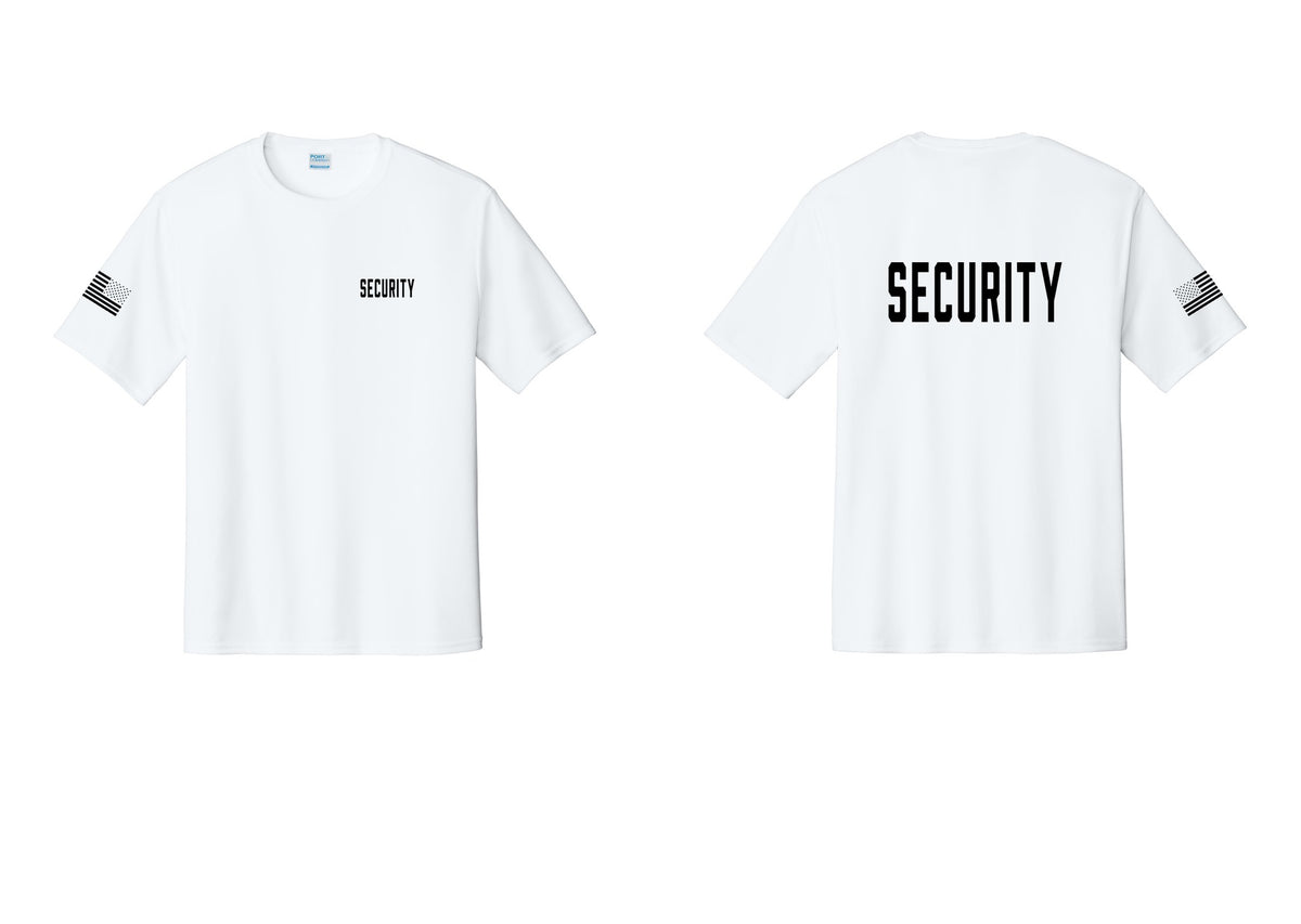 NYC Factory Security Performance T-Shirt (Classic) - Chest + Back + US Flag Sleeve - White