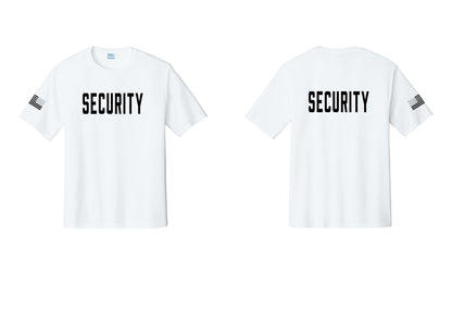 NYC Factory Security Performance T-Shirt (Classic) - Front + Back + US Flag Sleeve - White