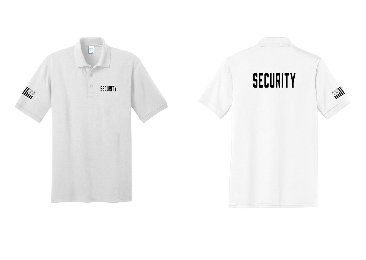 NYC Factory Security Polo Shirt (Classic) - Chest + Back + US Flag Sleeve - White