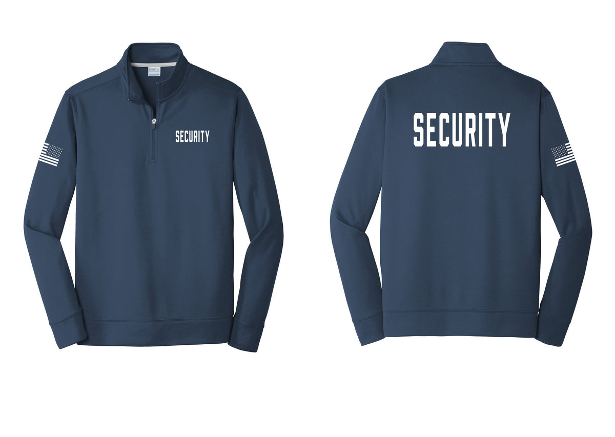NYC Factory Security Performance Fleece 1/4-Zip Pullover Sweatshirt (Classic) - Chest + Back + US Flag Sleeve - Navy