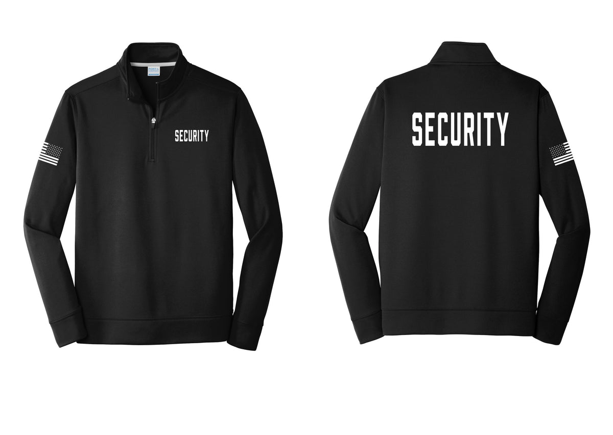 NYC Factory Security Performance Fleece 1/4-Zip Pullover Sweatshirt (Classic) - Chest + Back + US Flag Sleeve - Black