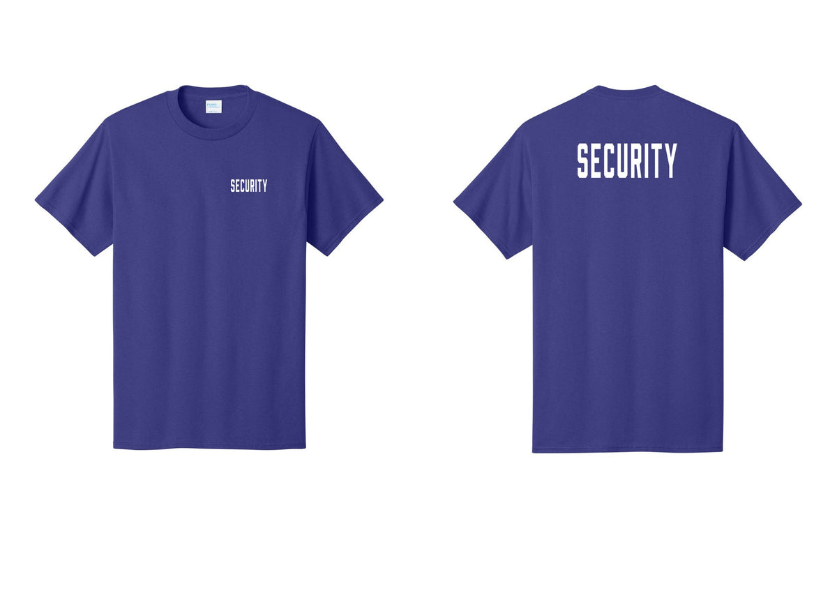 NYC Factory Security T-Shirt, Condensed Lettering - Chest + Back - Purple