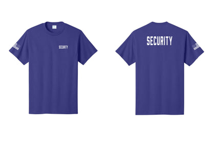 NYC Factory Unisex Security Black T-Shirt - Chest + Back + US Flag Sleeve - Purple