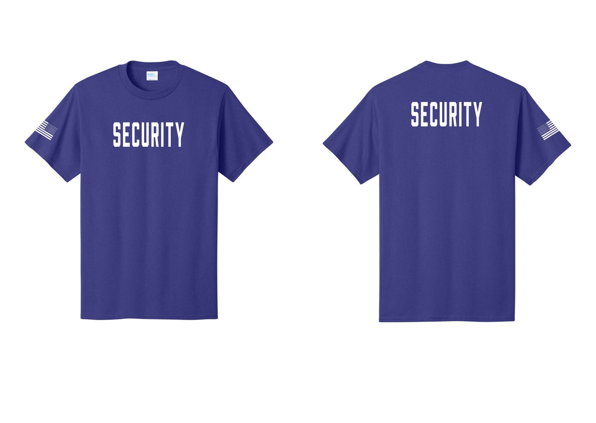 NYC Factory Security T-Shirt, Condensed Lettering - Front + Back + US Flag Sleeve - Purple