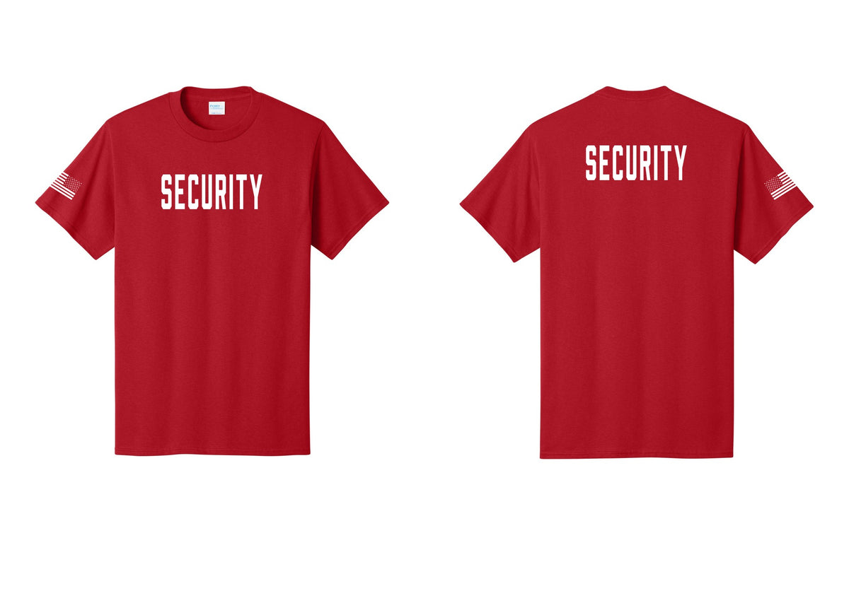NYC Factory Security T-Shirt, Condensed Lettering - Front + Back + US Flag Sleeve - Red