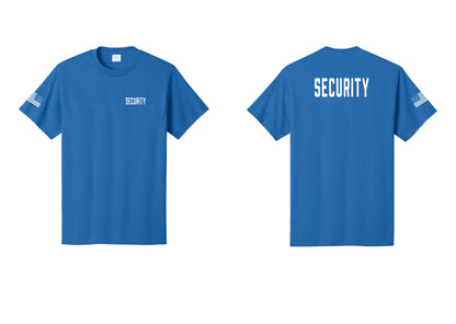 NYC Factory Security T-Shirt, Condensed Lettering - Chest + Back + US Flag Sleeve - Royal