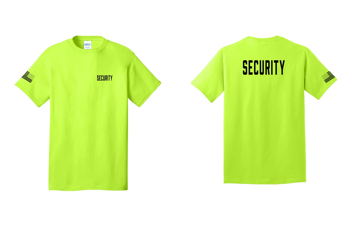 NYC Factory Security T-Shirt, Condensed Lettering - Chest + Back + US Flag Sleeve - Safety Green