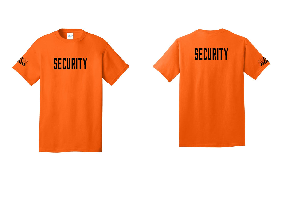 NYC Factory Security T-Shirt, Condensed Lettering - Front + Back + US Flag Sleeve - Safety Orange