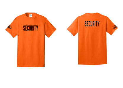 NYC Factory Security T-Shirt, Condensed Lettering - Front + Back + US Flag Sleeve - Safety Orange