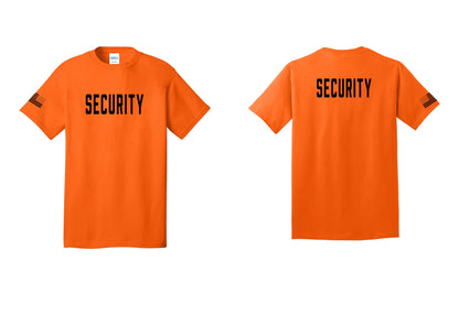 NYC Factory Unisex Security Black T-Shirt - Front + Back + US Flag Sleeve - Safety Orange