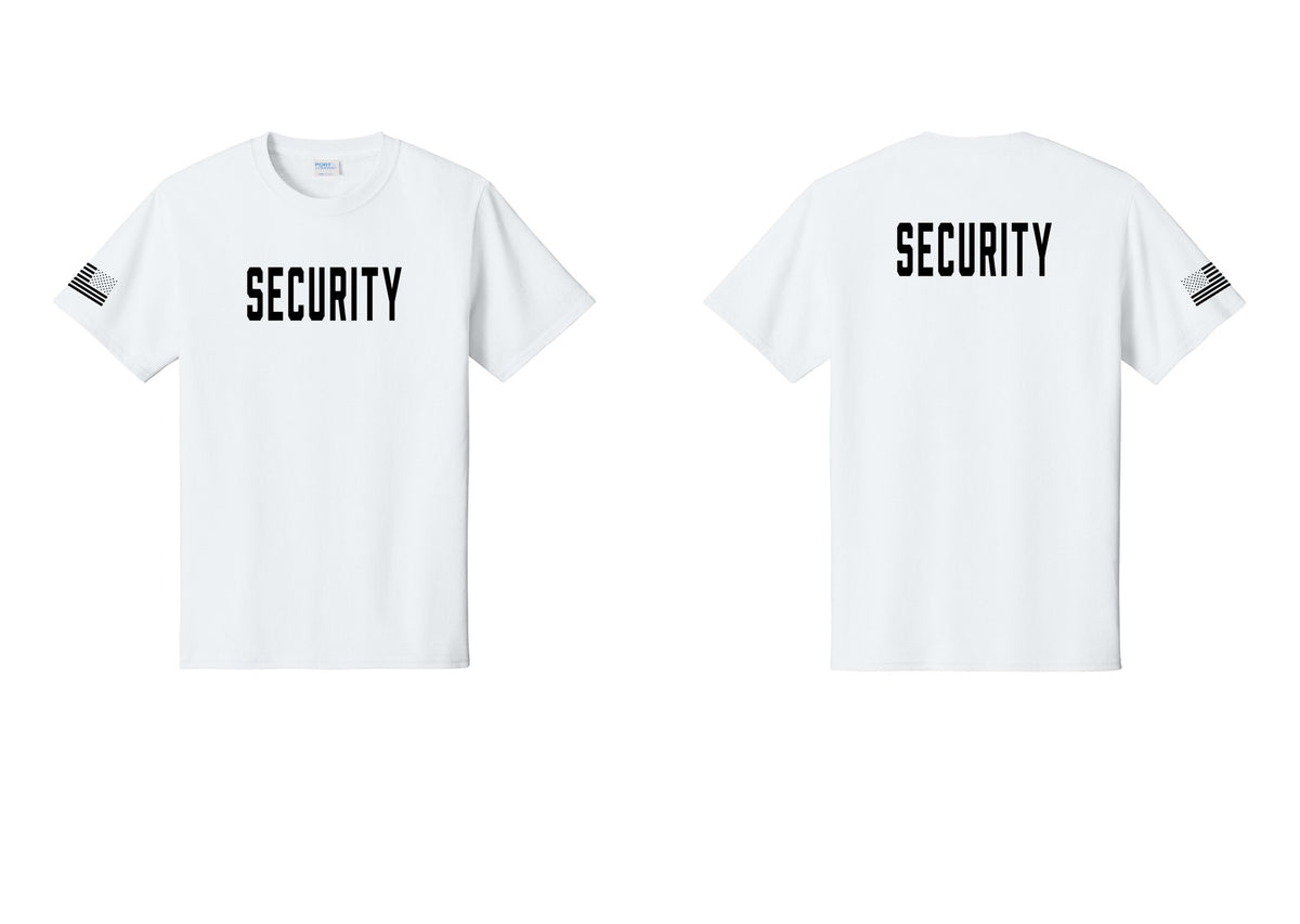 NYC Factory Security T-Shirt, Condensed Lettering - Front + Back + US Flag Sleeve - White