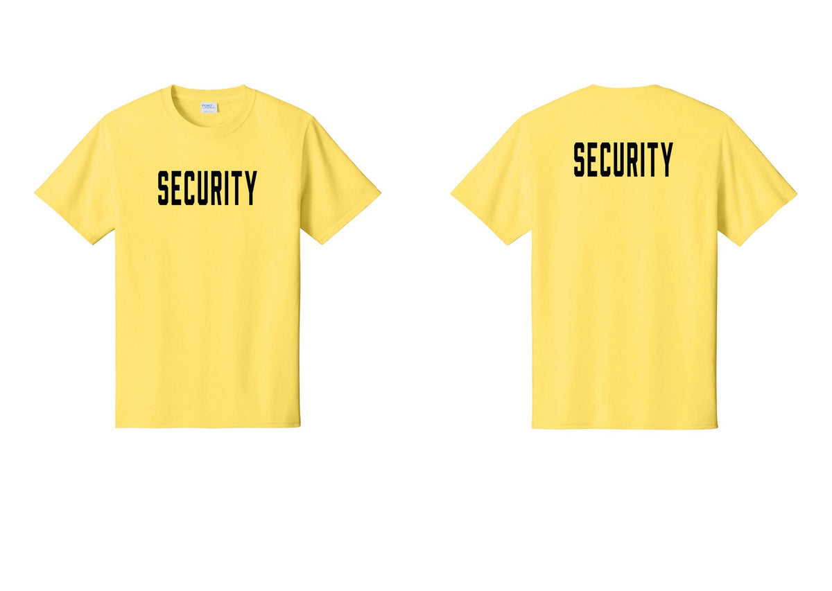 NYC Factory Security T-Shirt, Condensed Lettering - Front + Back - Yellow