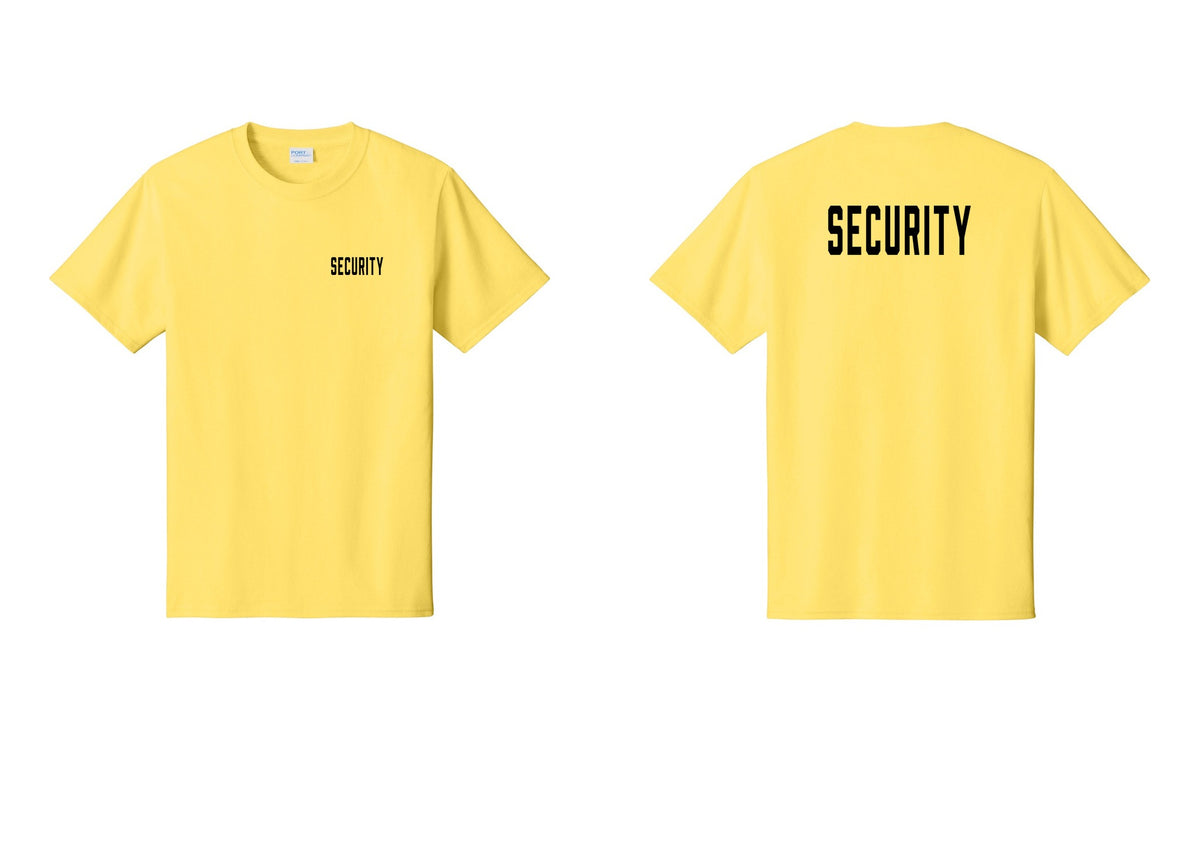 NYC Factory Security T-Shirt, Condensed Lettering - Chest + Back - Yellow