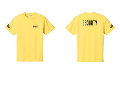 NYC Factory Security T-Shirt, Condensed Lettering - Chest + Back + US Flag Sleeve - Yellow