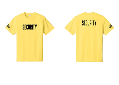 NYC Factory Security T-Shirt, Condensed Lettering - Front + Back + US Flag Sleeve - Yellow
