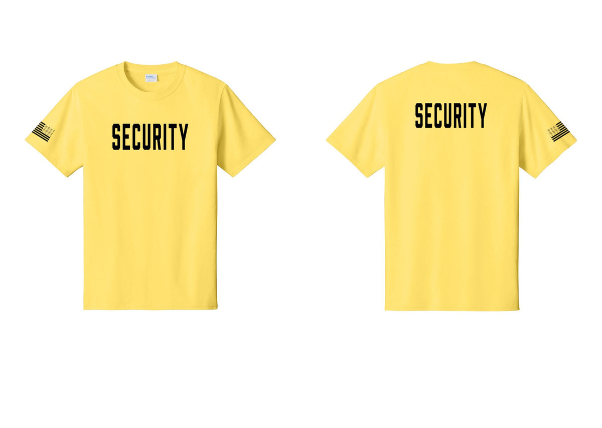 NYC Factory Unisex Security Black T-Shirt - Front + Back + US Flag Sleeve - Yellow