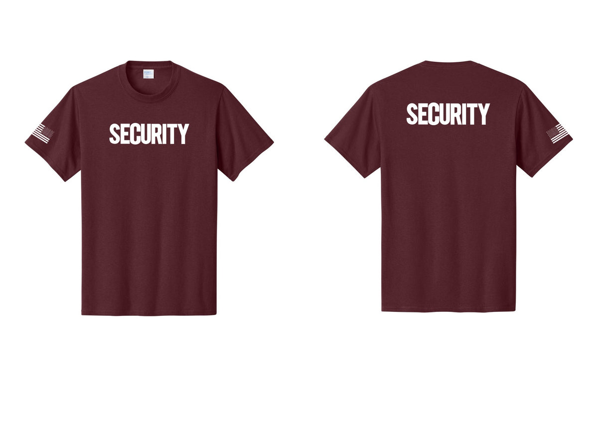 NYC Factory Men's Security Cotton T-Shirt - Front + Back + US Flag Sleeve - Athletic Maroon