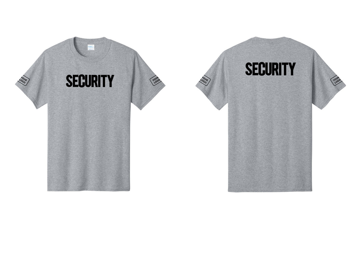 NYC Factory Custom Logo Men's Security Cotton T-Shirt - Front + Back + Your Logo Sleeves - Athletic Heather